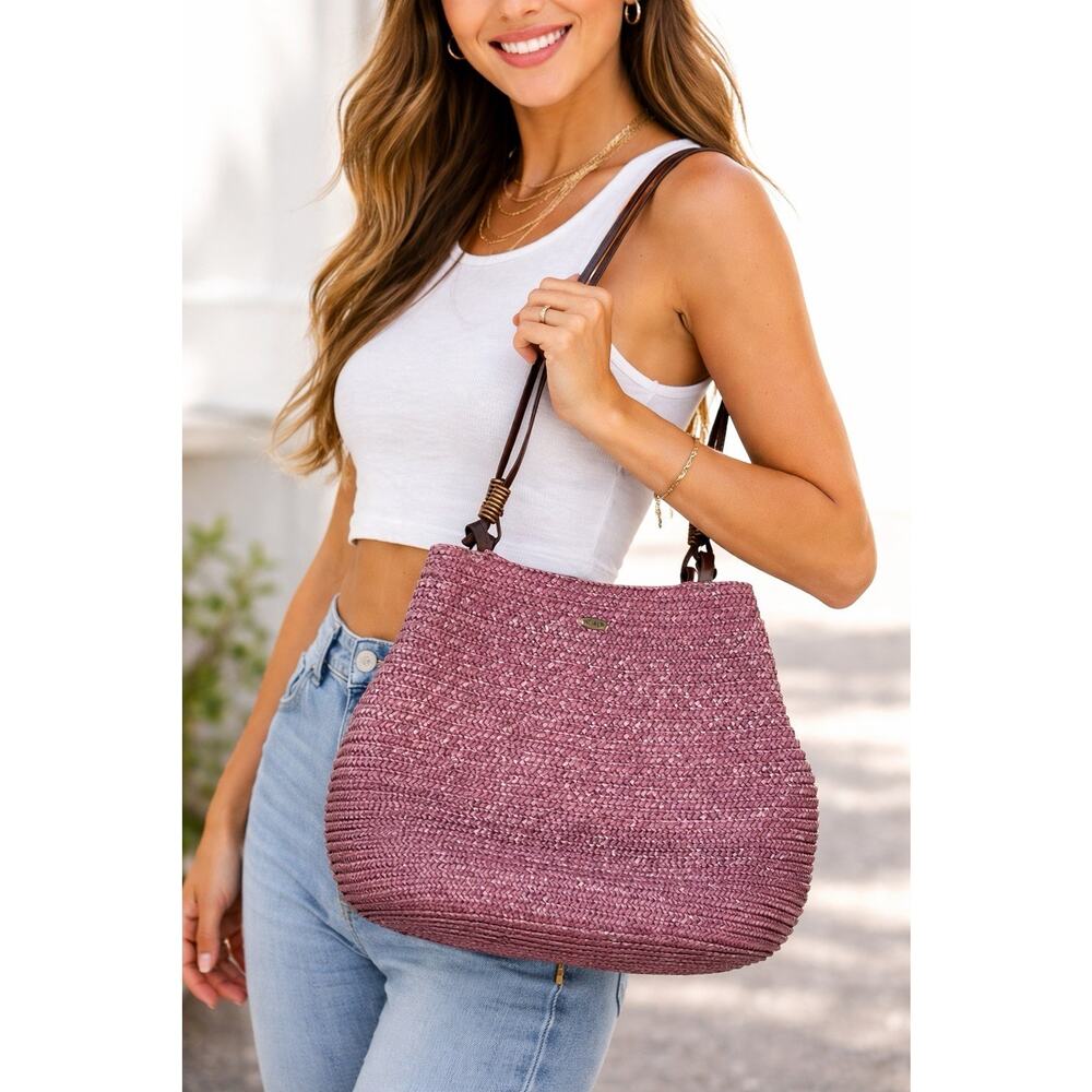 Scala The Collection Natural Woven Hobo Bag Shoulder Lined Dusty Mauve
